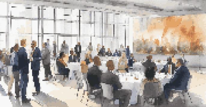 A diverse group of professionals networking in a well-lit conference hall, with visible banners of professional associations.