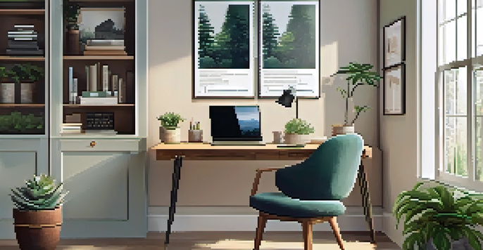 A bright home office with a wooden desk, laptop, plants, and a motivational quote on the wall.