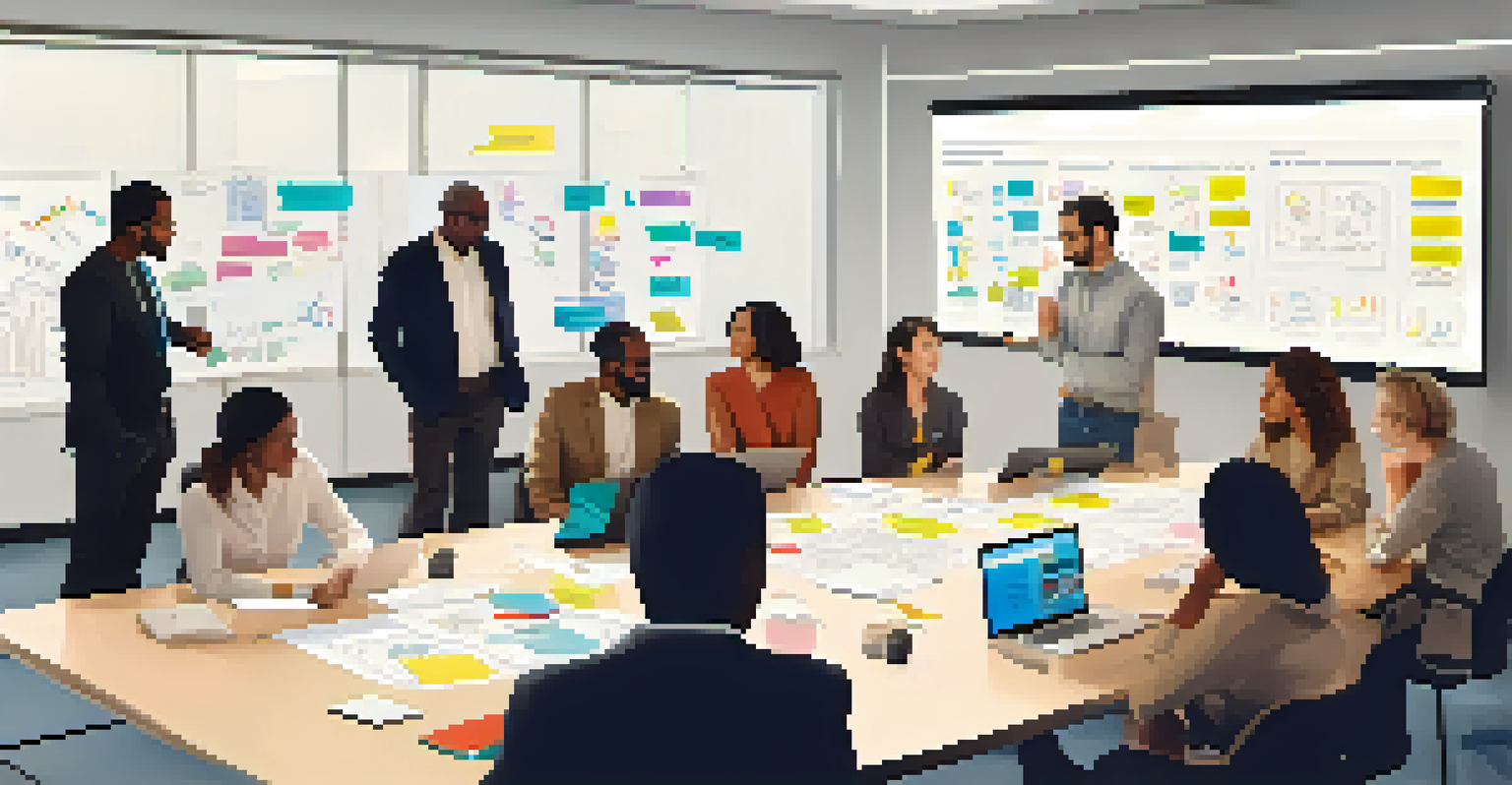 A diverse team collaborating on problem-solving in a bright conference room with a whiteboard filled with diagrams.