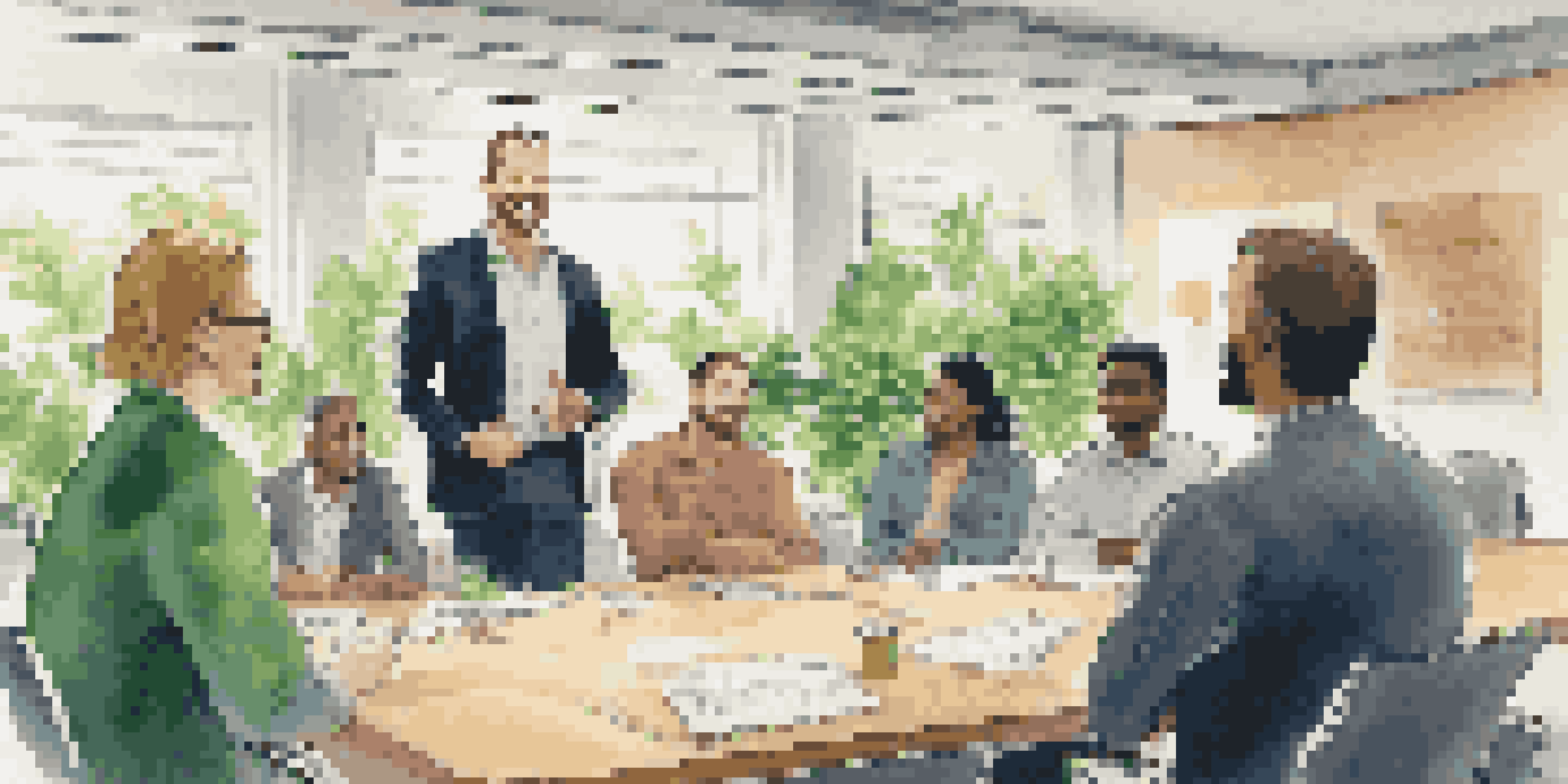 A confident leader engaging with a diverse group in a well-lit conference room, surrounded by plants and motivational posters.