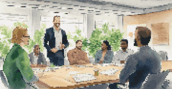 A confident leader engaging with a diverse group in a well-lit conference room, surrounded by plants and motivational posters.