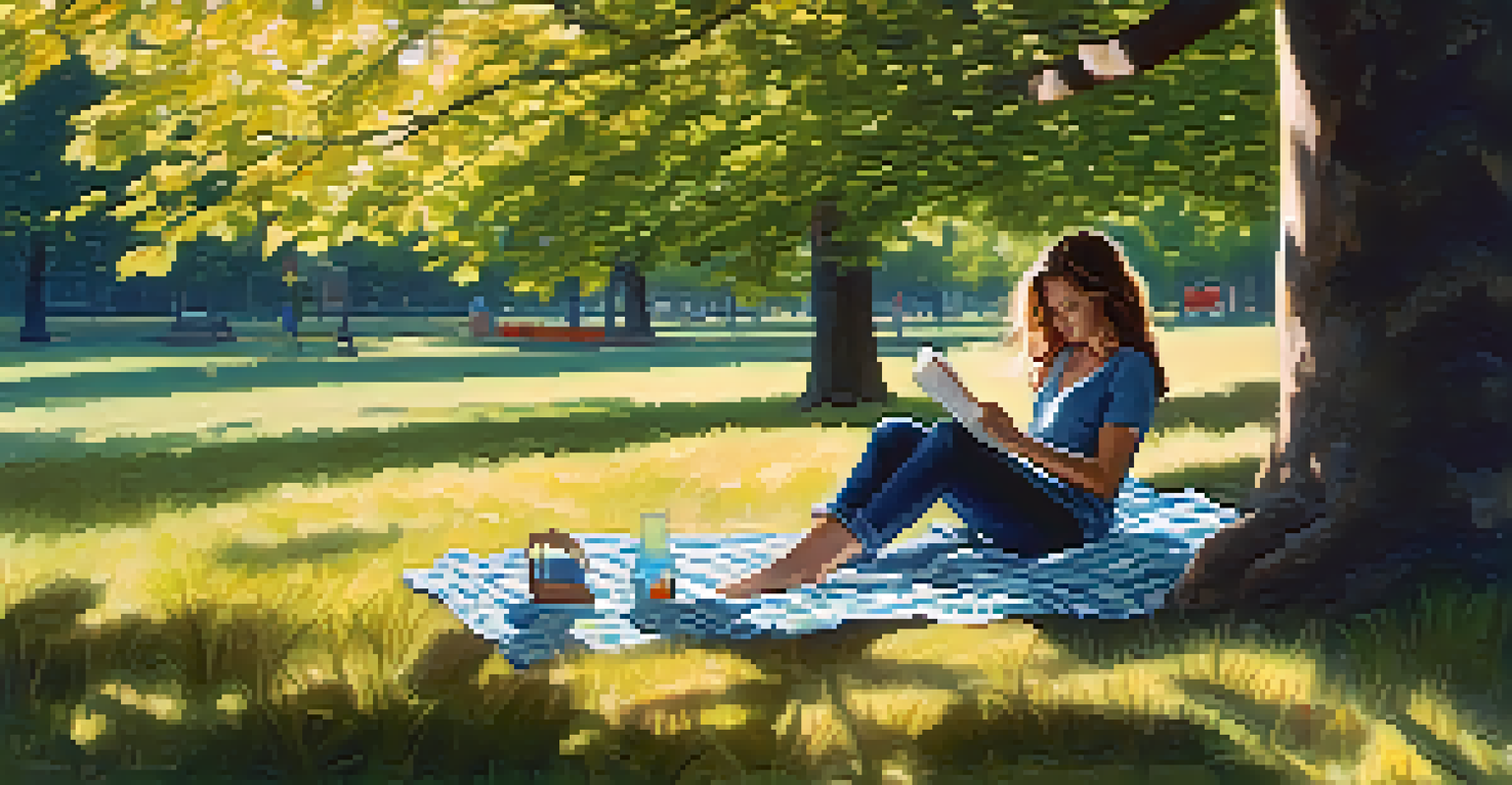 A person sitting on a picnic blanket in a park, reading a book under a tree, surrounded by nature.
