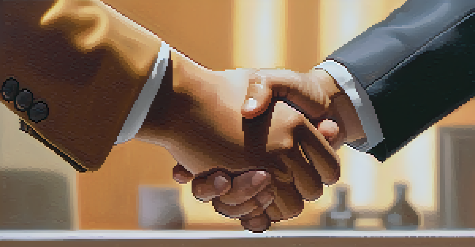 A close-up of a handshake between two individuals in a professional environment, representing mentorship and collaboration.