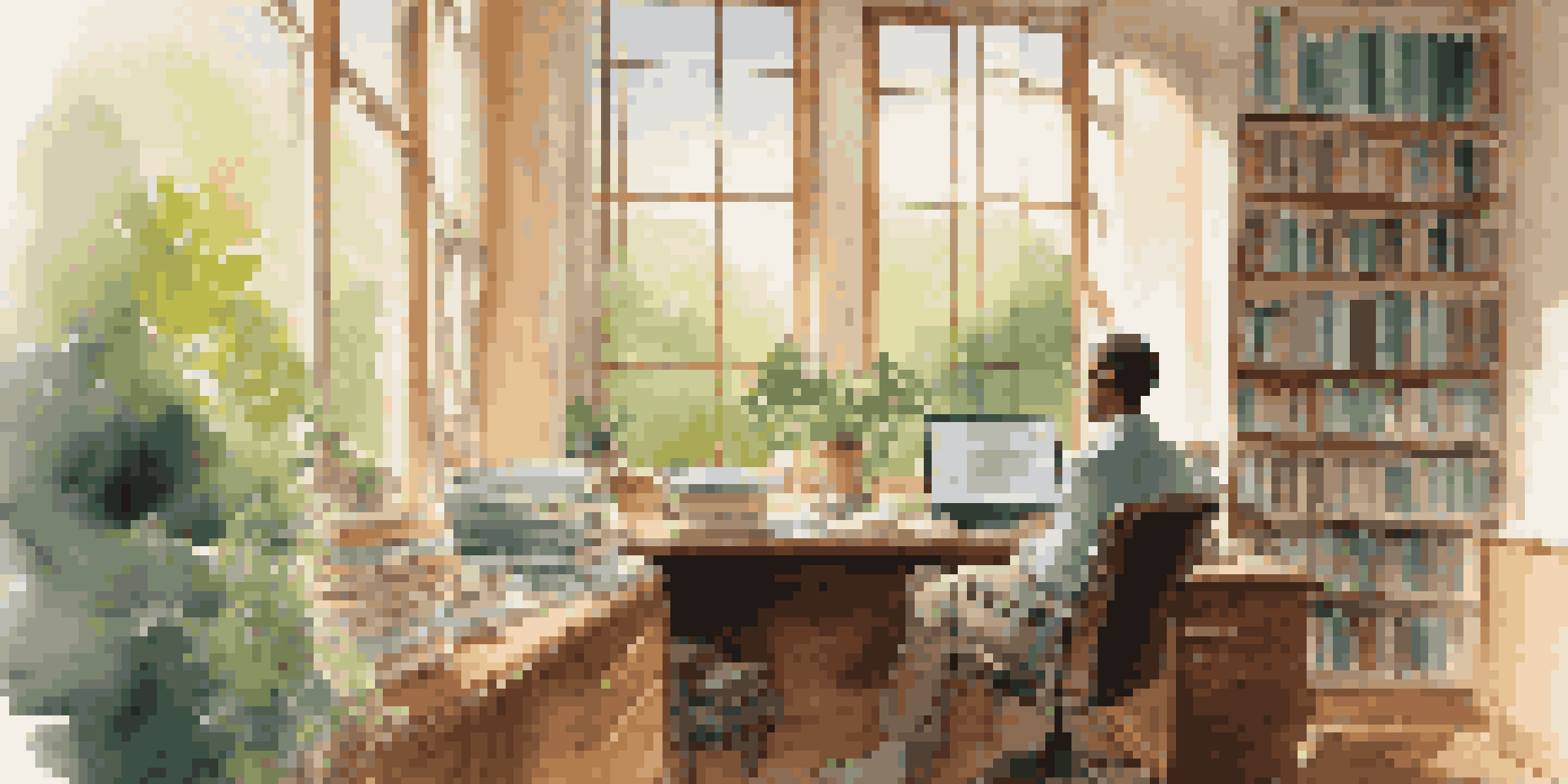 A person in a bright office space, writing in a notepad while looking out at a green landscape through a window.