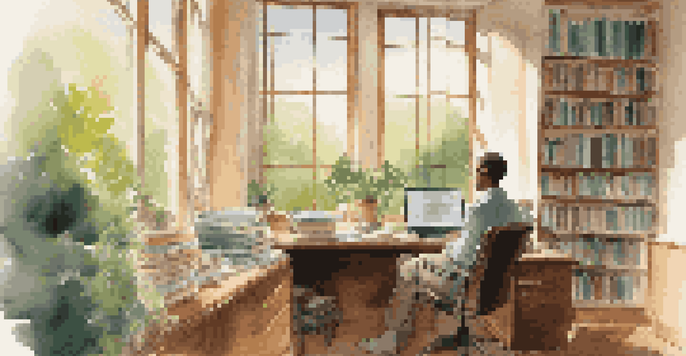 A person in a bright office space, writing in a notepad while looking out at a green landscape through a window.