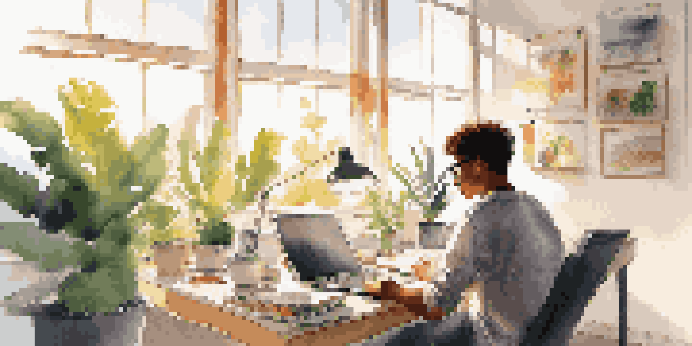 A student working at a desk in a bright office, with a laptop and marketing materials, sunlight filtering through windows.