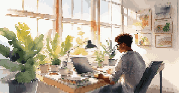 A student working at a desk in a bright office, with a laptop and marketing materials, sunlight filtering through windows.