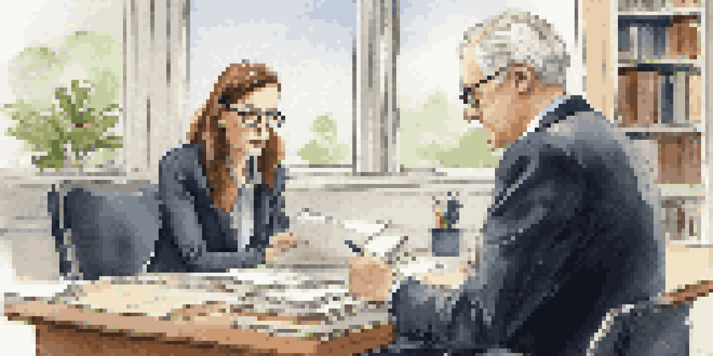 A mentor and mentee engaged in conversation in an office, with soft natural light coming through a window.