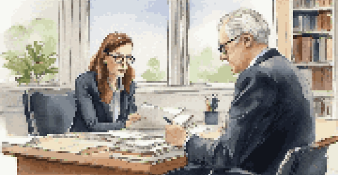 A mentor and mentee engaged in conversation in an office, with soft natural light coming through a window.