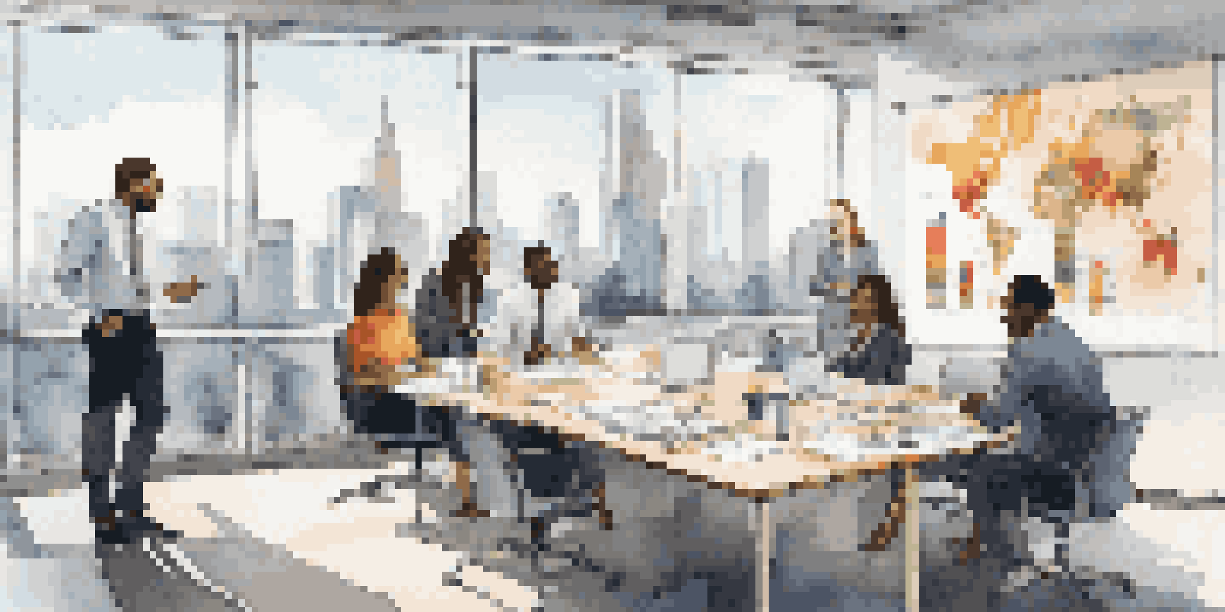 A diverse group of colleagues in a bright office discussing together around a table with charts and coffee cups.