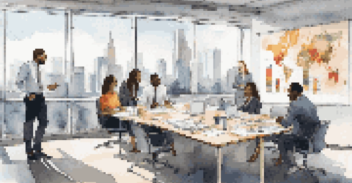 A diverse group of colleagues in a bright office discussing together around a table with charts and coffee cups.