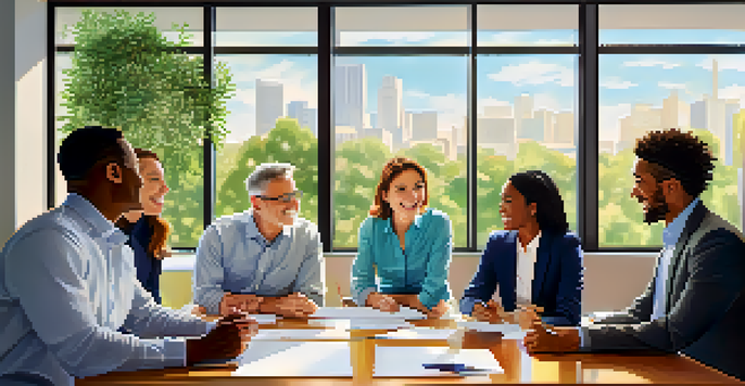 A diverse group of professionals in a bright office, collaborating with smiles and expressions of understanding.