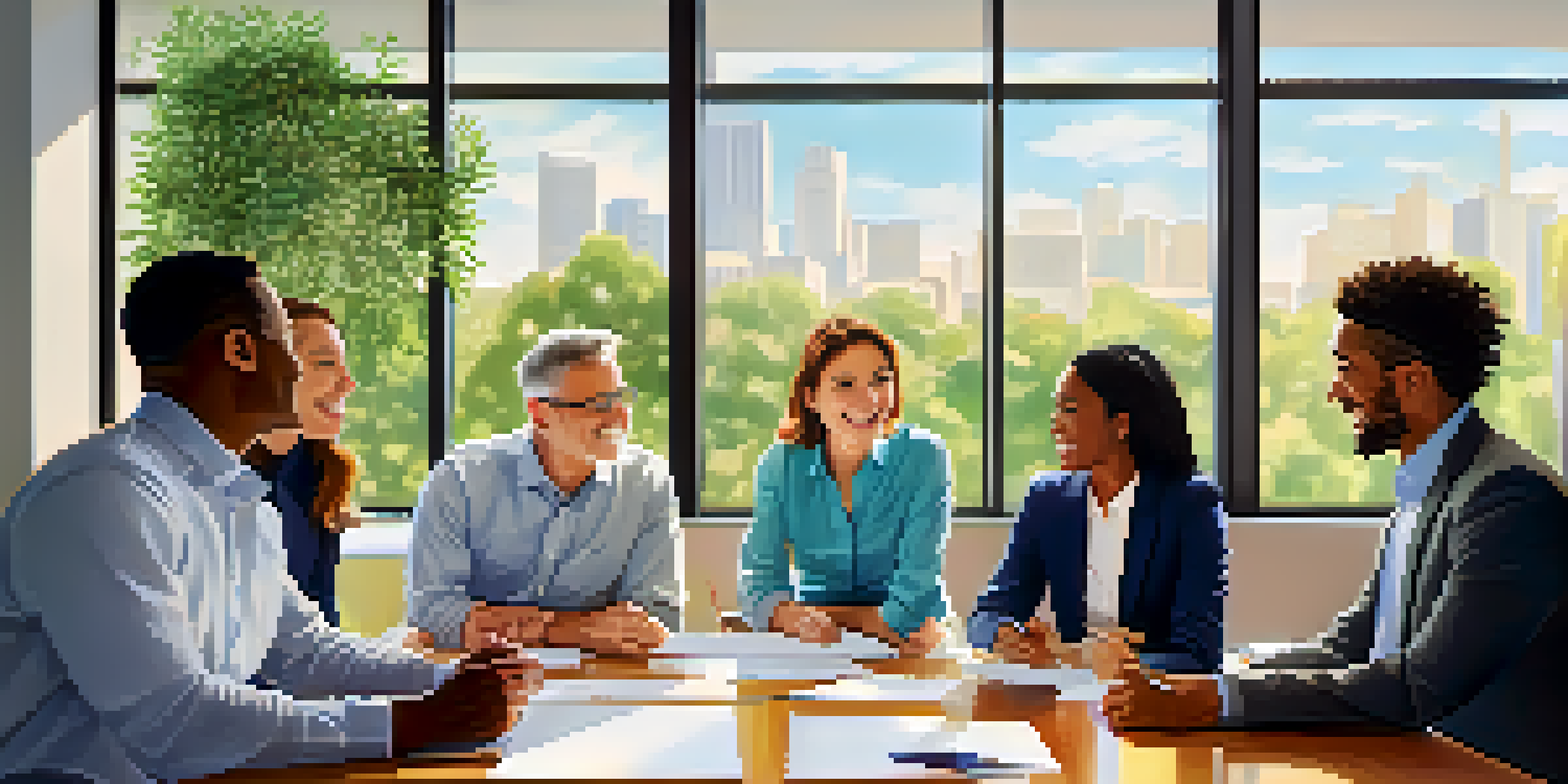 A diverse group of professionals in a bright office, collaborating with smiles and expressions of understanding.