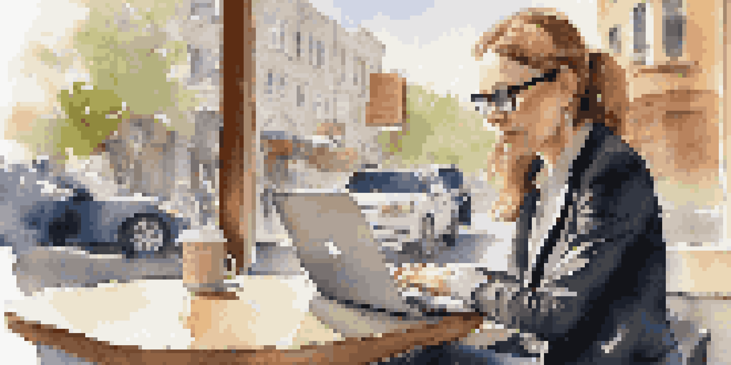 A professional woman having a virtual informational interview at a cafe, with a laptop, coffee, and notes.