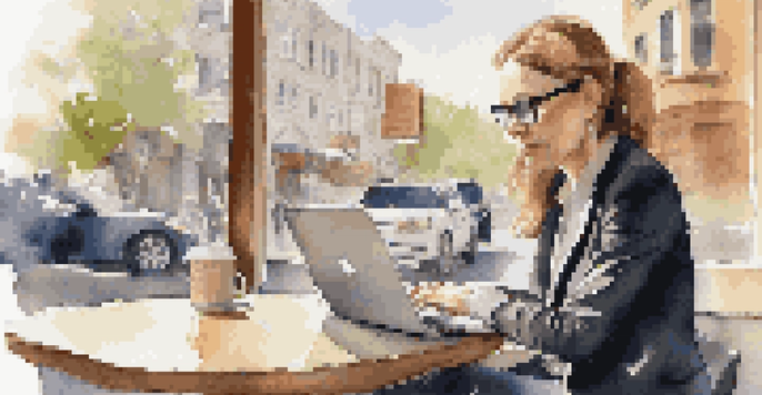 A professional woman having a virtual informational interview at a cafe, with a laptop, coffee, and notes.