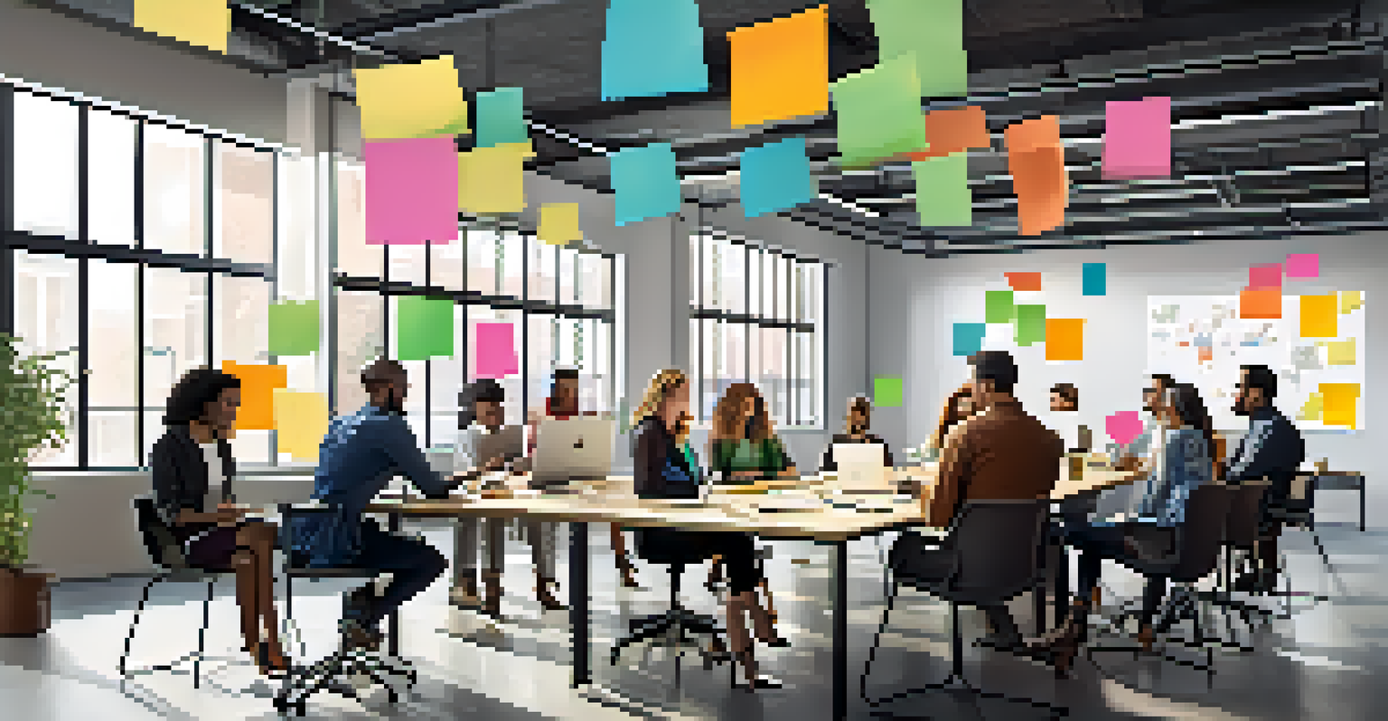 A diverse group of entrepreneurs in a modern co-working space brainstorming together around a large table with laptops and sticky notes.