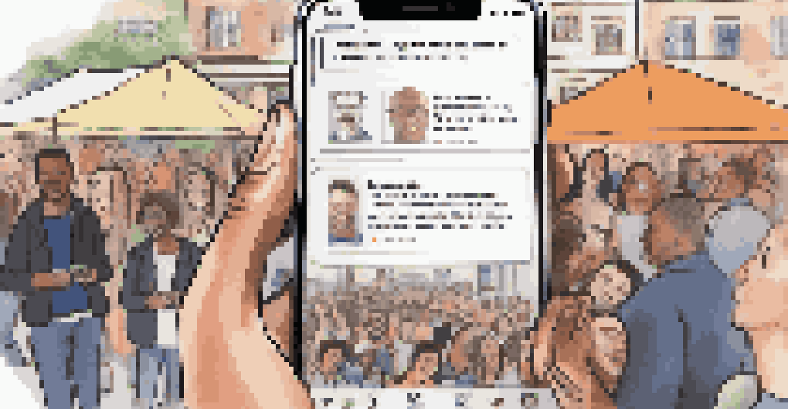 A smartphone showing social media posts about a virtual event, with engaging visuals and hashtags.