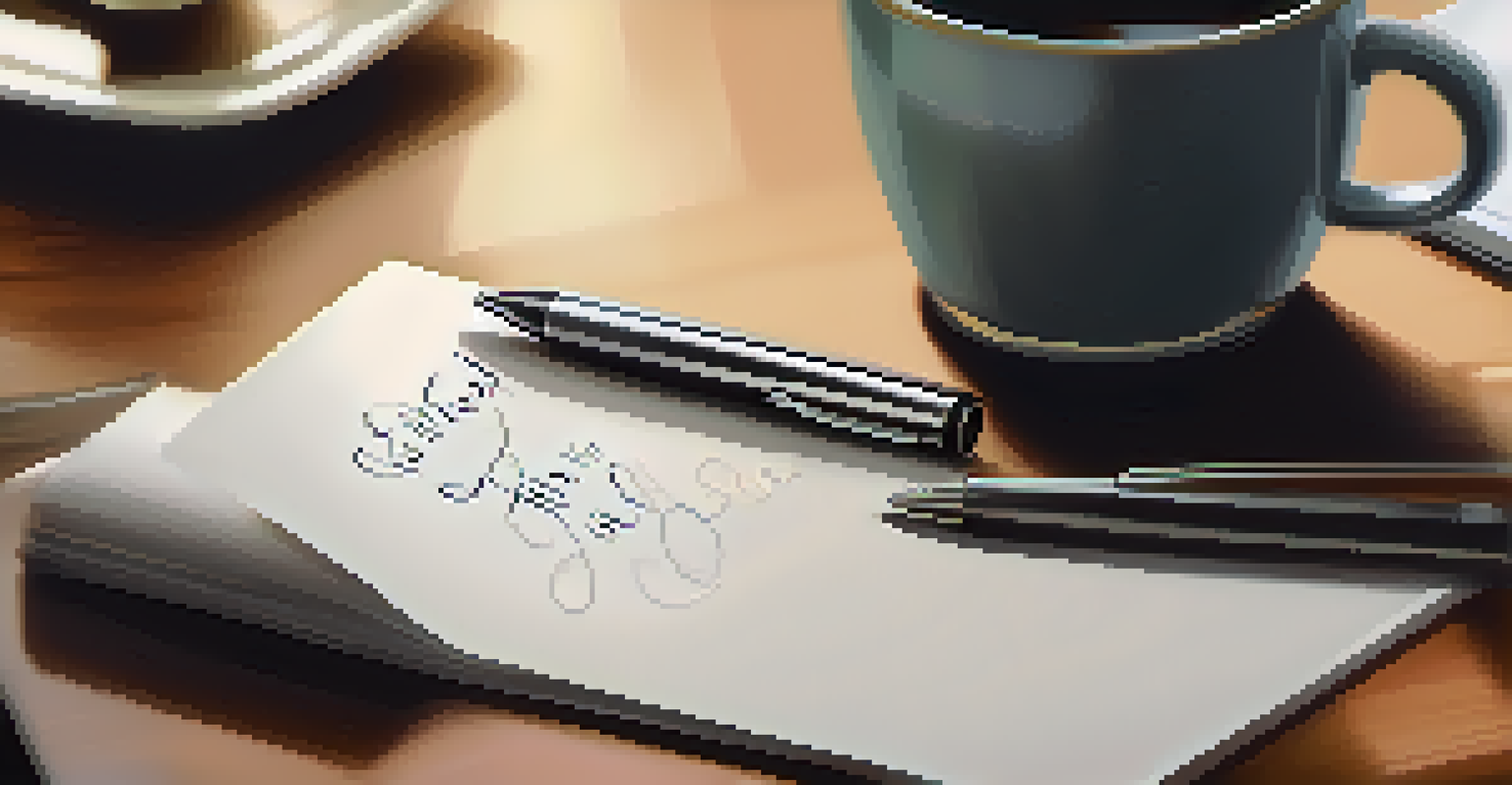 A hand writing a thank-you note on beautiful stationery with a cup of coffee in the background.