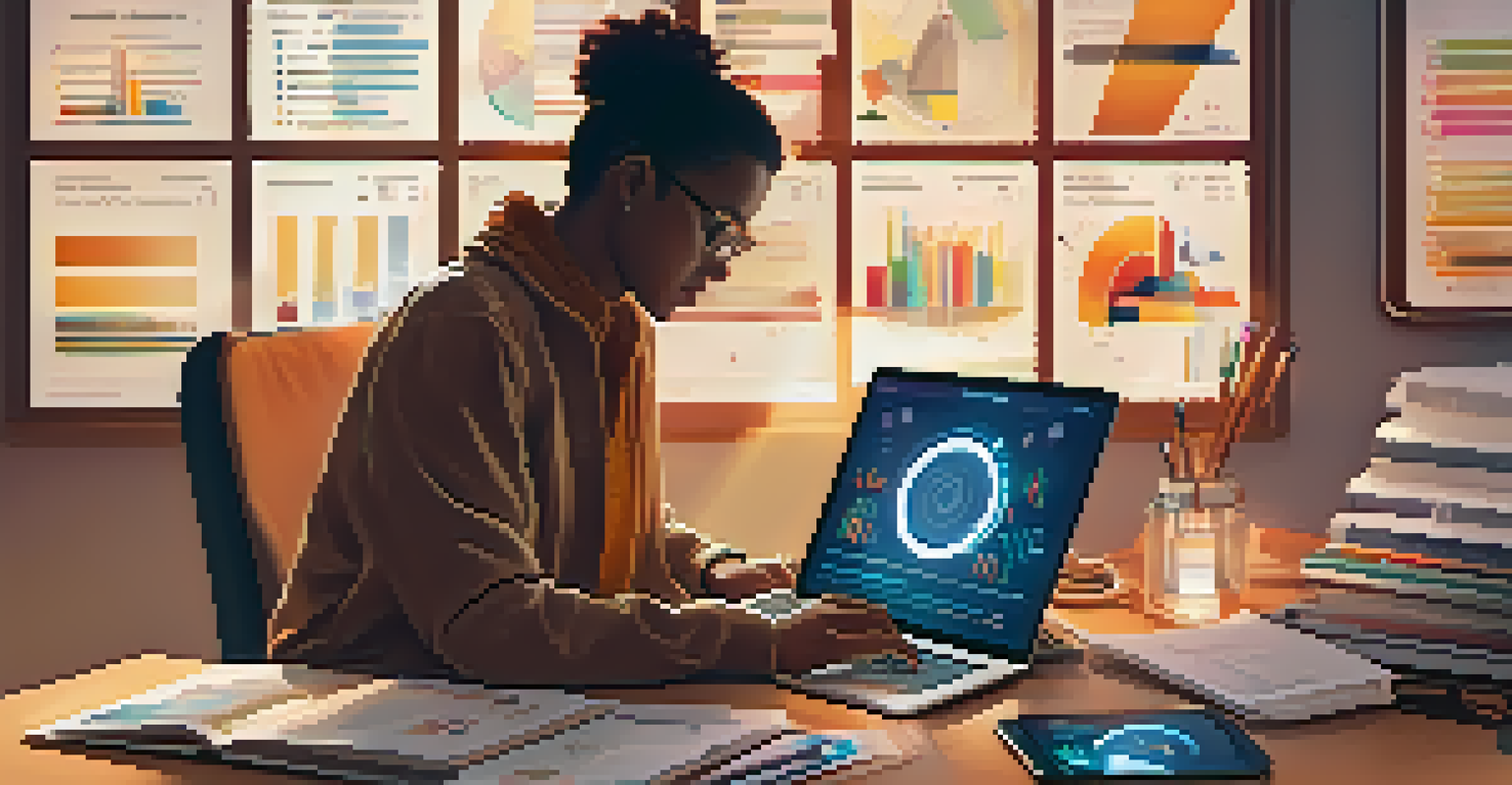An individual at a desk with multiple digital devices, showcasing productivity and digital literacy with charts on the screens.