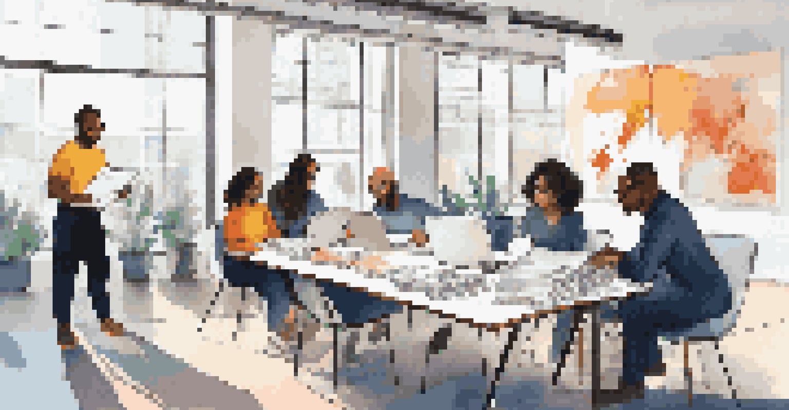Diverse group of professionals collaborating at a table filled with laptops and papers.