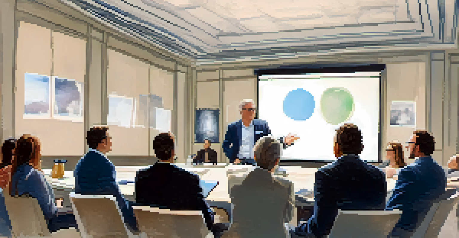 A speaker sharing a personal story during a business presentation, while an audience listens attentively in a well-lit room.