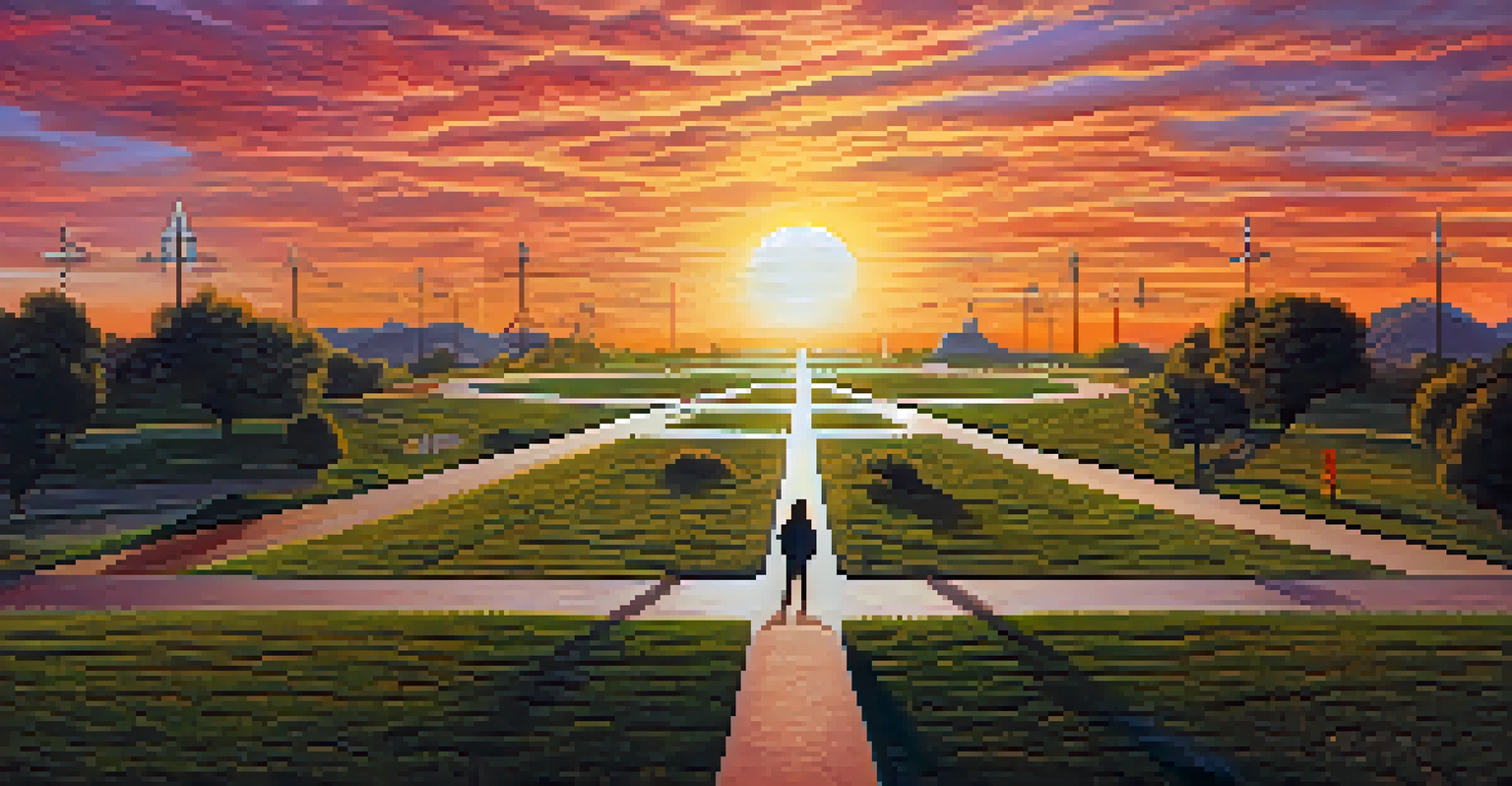 A person at a crossroads looking at various paths symbolizing career opportunities and personal branding, under a colorful sunset.