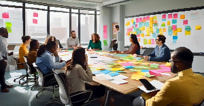 A group of diverse professionals collaborating in a brainstorming session with colorful notes and a whiteboard in a bright conference room.