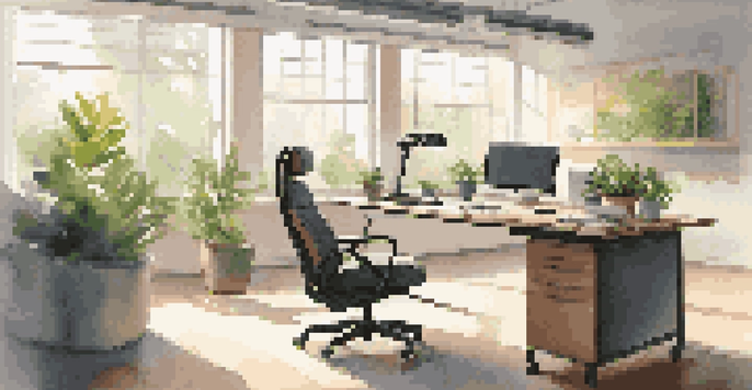 A bright and comfortable office workspace designed for ergonomics, showcasing a sit-stand desk, an ergonomic chair, and natural light coming through a window.