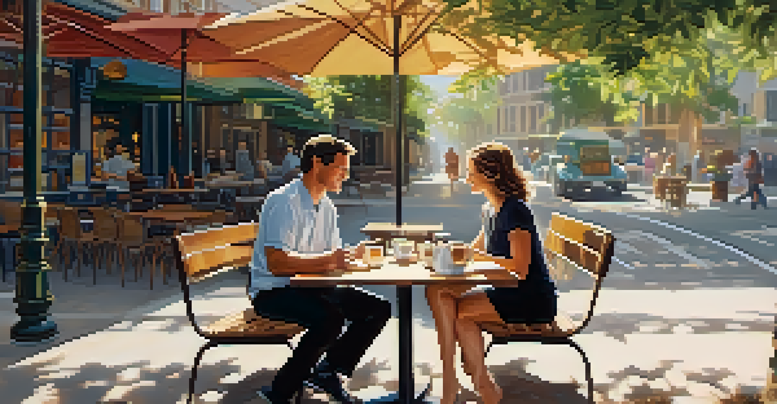 Two people enjoying coffee at an outdoor café, discussing books and sharing a friendly conversation.