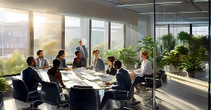 A diverse group of professionals in a modern office discussing around a conference table with sunlight streaming through glass walls.