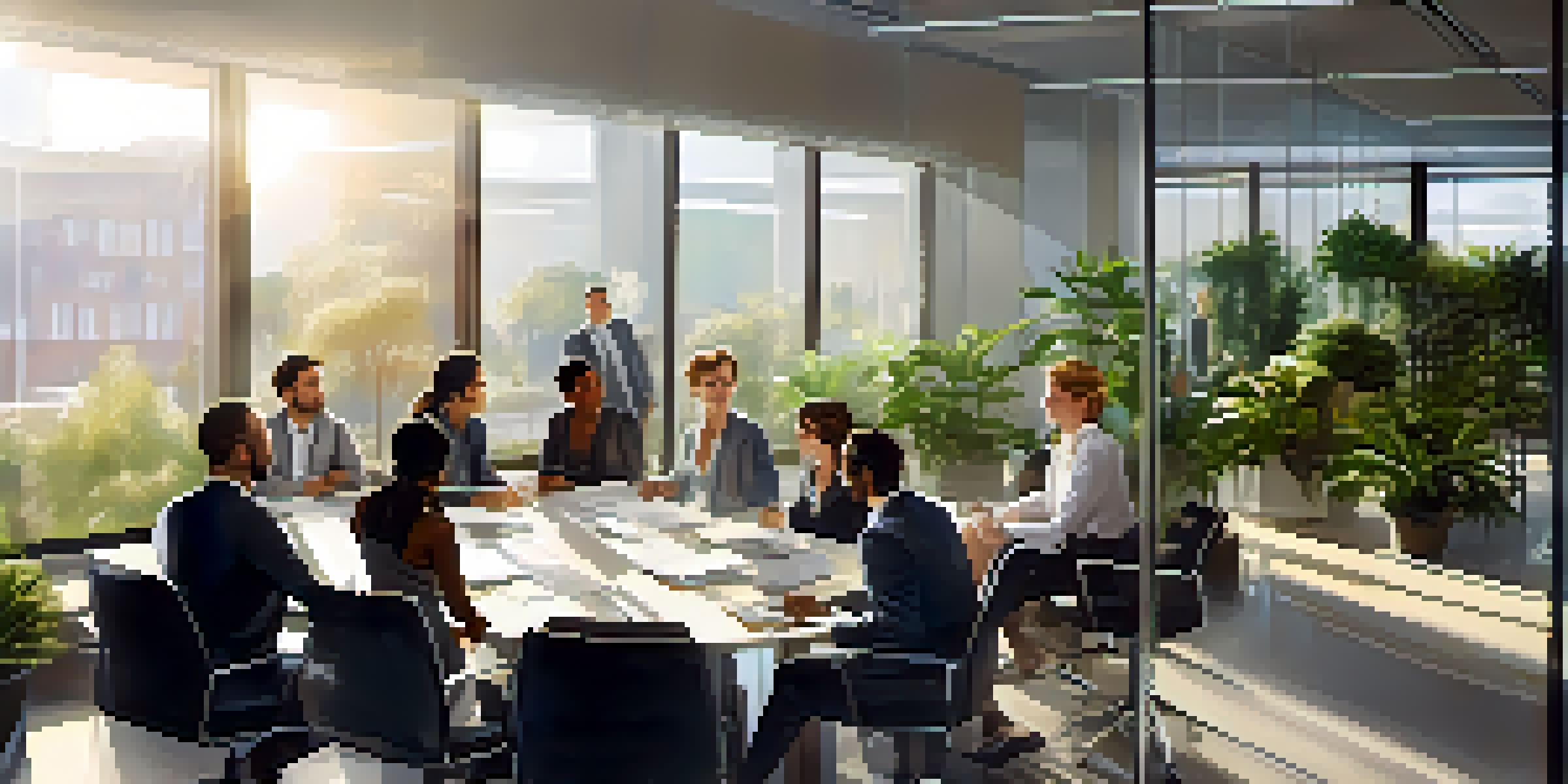 A diverse group of professionals in a modern office discussing around a conference table with sunlight streaming through glass walls.