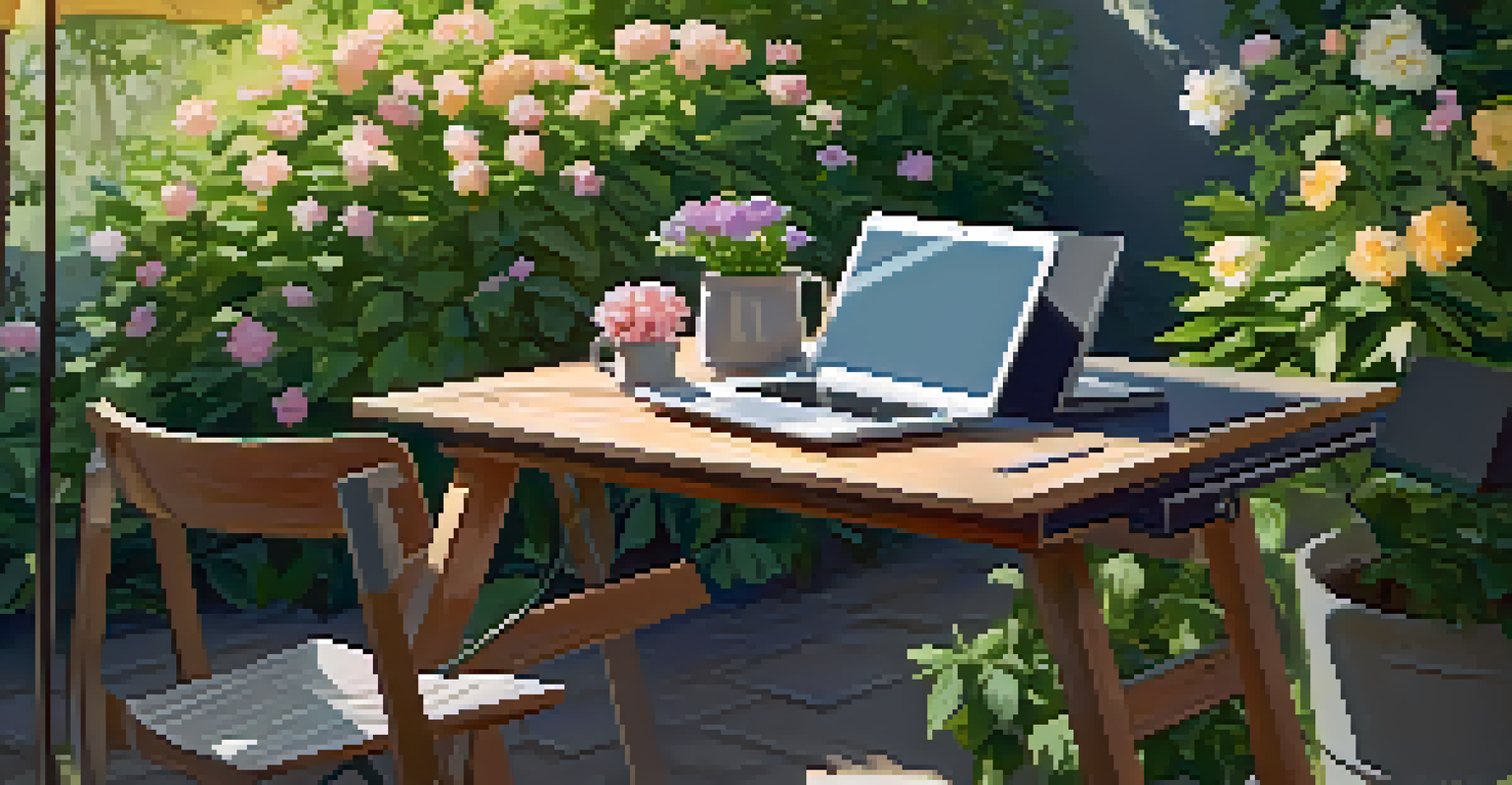 An outdoor workspace in a garden with a laptop, table, and blooming flowers.
