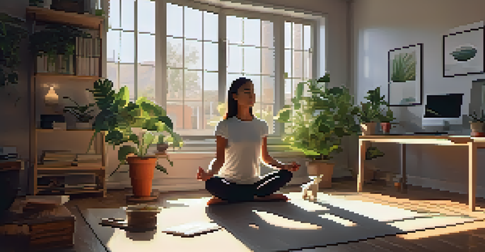 A young professional meditating in a serene office space, surrounded by plants and soft sunlight.