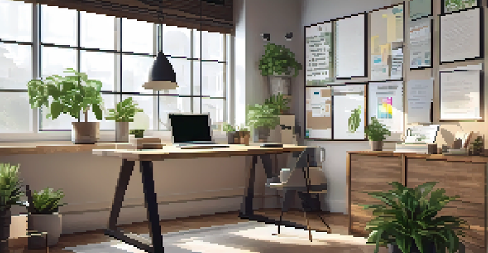A bright office space with a wooden desk, laptop, and inspirational decor, emphasizing a positive work environment.