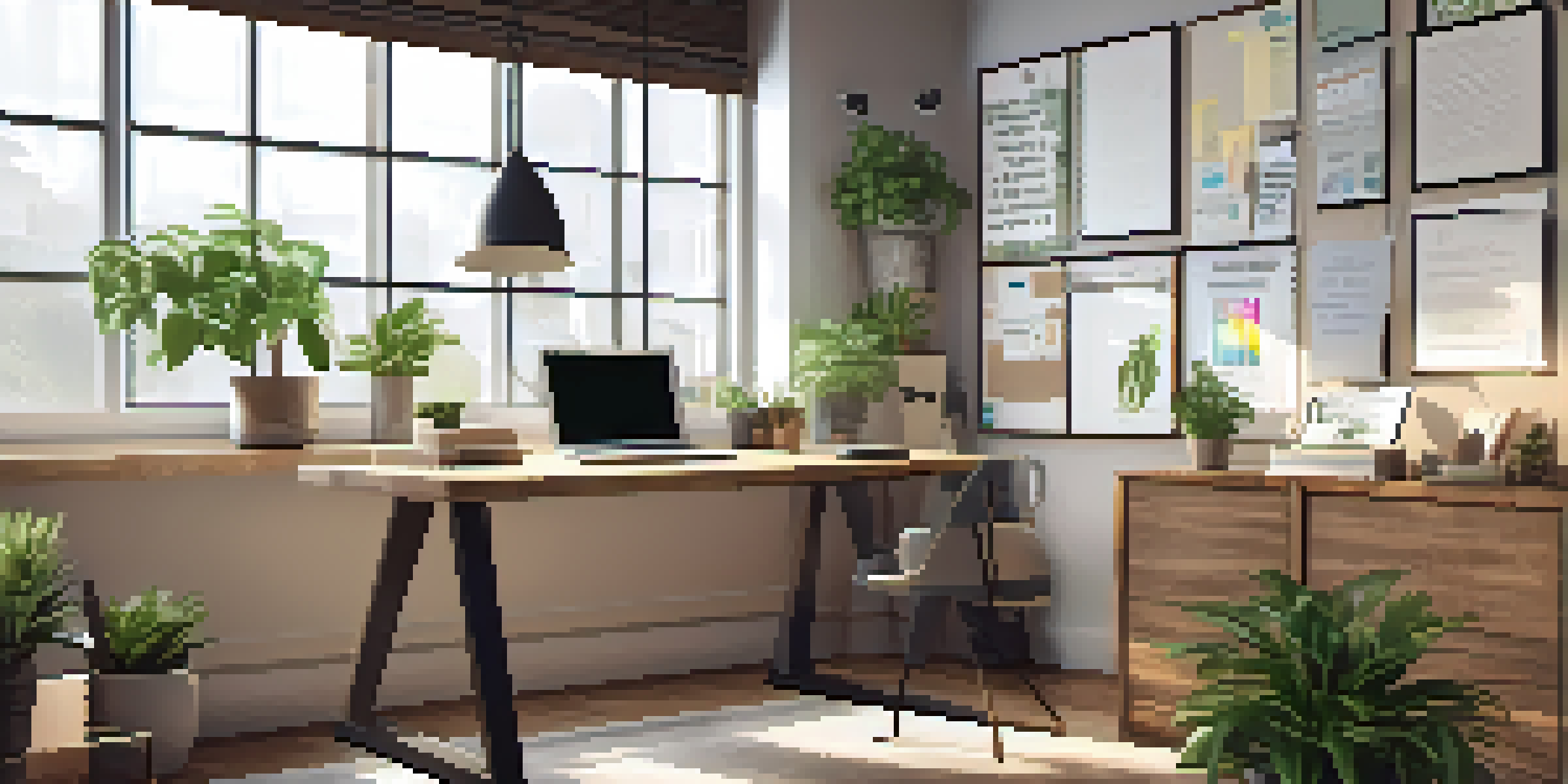 A bright office space with a wooden desk, laptop, and inspirational decor, emphasizing a positive work environment.