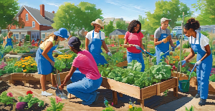 Diverse volunteers planting flowers and vegetables in a community garden under a clear blue sky.