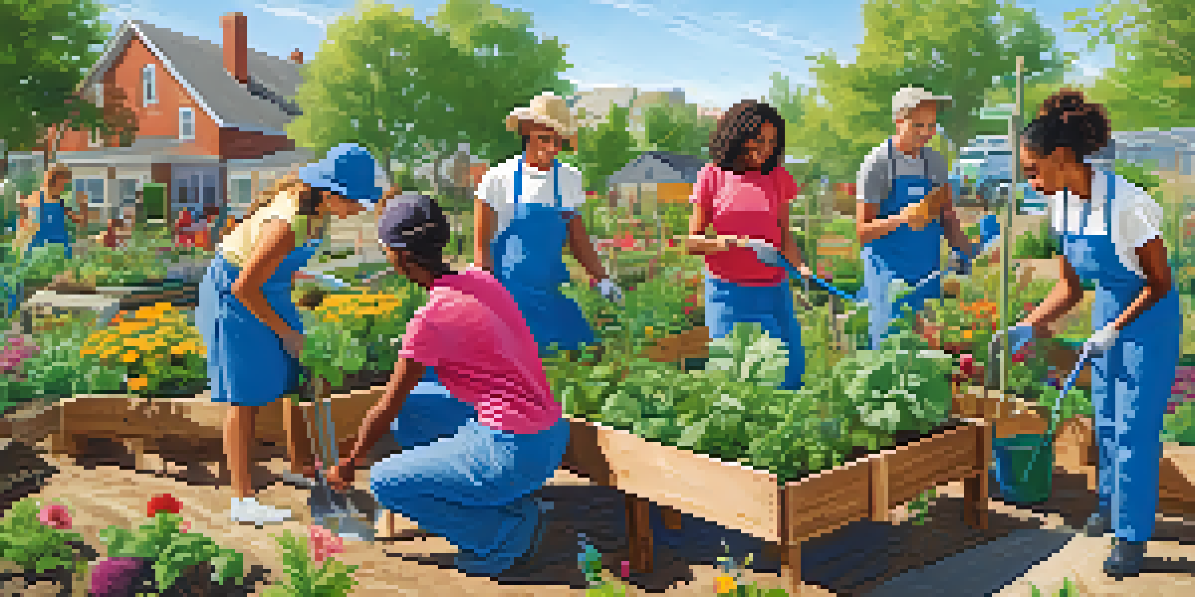 Diverse volunteers planting flowers and vegetables in a community garden under a clear blue sky.