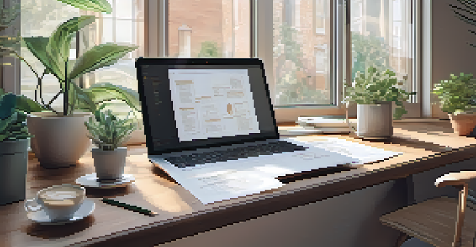 A cozy workspace with a wooden desk, laptop displaying a business plan, plants, and a coffee cup, illuminated by soft natural light.
