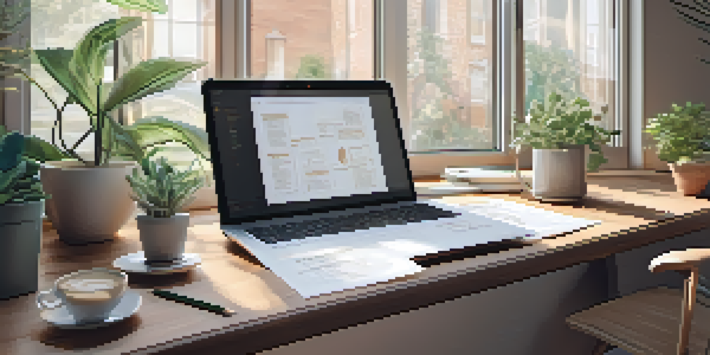 A cozy workspace with a wooden desk, laptop displaying a business plan, plants, and a coffee cup, illuminated by soft natural light.