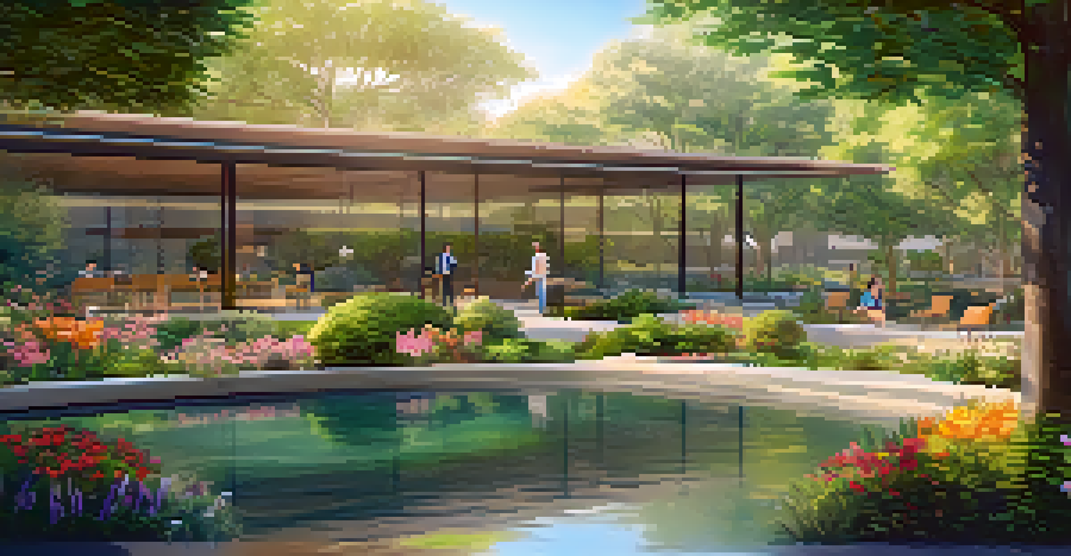 A peaceful virtual garden with lush greenery and colorful flowers, where employees are enjoying breaks to promote relaxation and well-being.