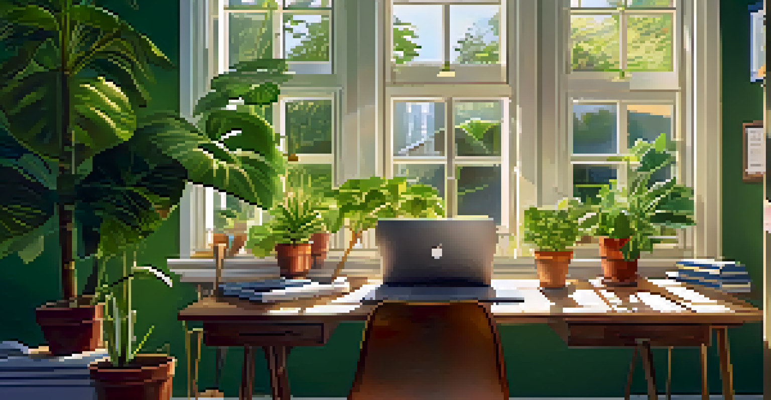 A person working at a desk with plants and motivational quotes, illuminated by sunlight.