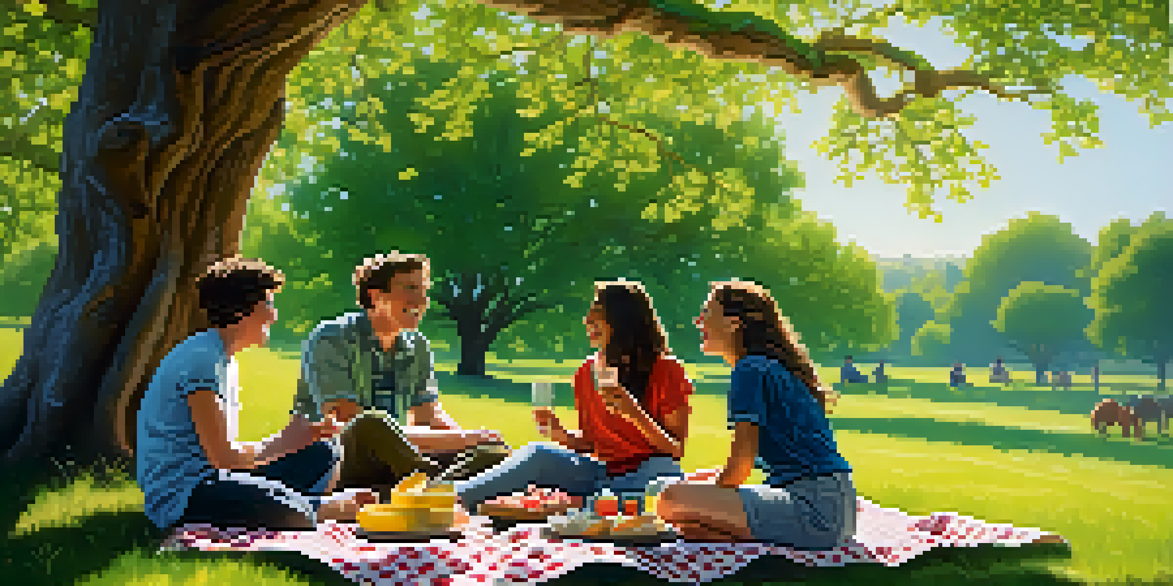 A diverse group of friends enjoying a picnic under an oak tree, surrounded by nature.
