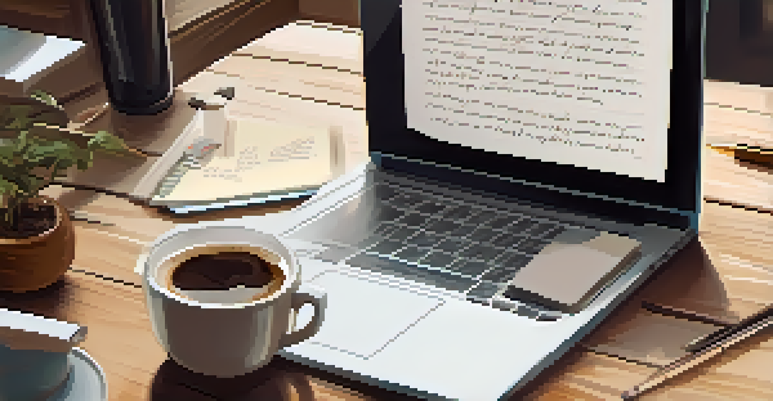 A close-up of a hand writing a follow-up note on a notepad, with a laptop and coffee cup in a cozy workspace setting.
