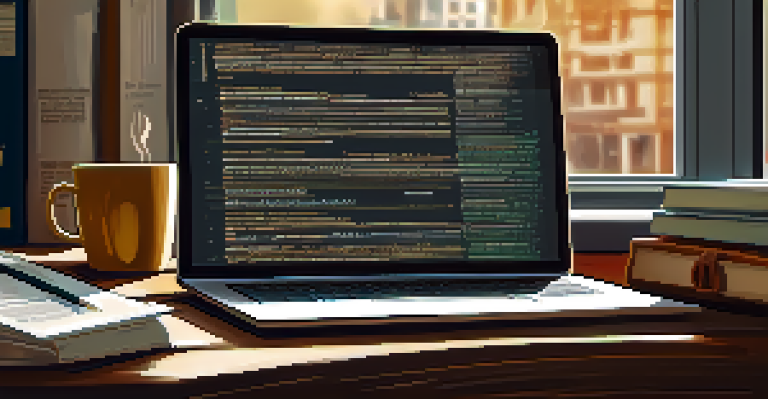 Close-up of hands typing on a laptop displaying code, surrounded by cybersecurity certification documents and a cup of coffee, with a bookshelf in the background.