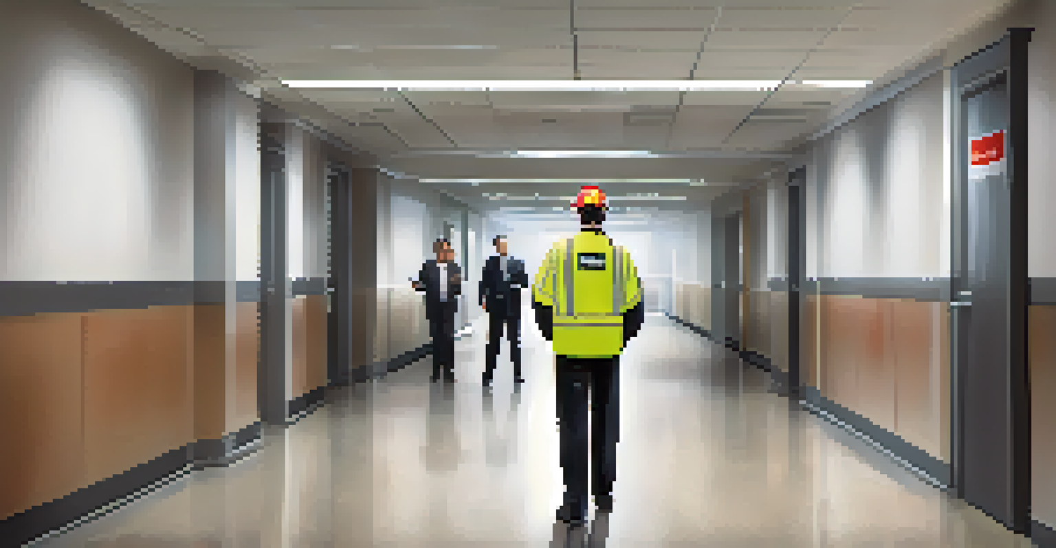 An employee conducting a fire drill in a well-lit office corridor with emergency exit signs visible.