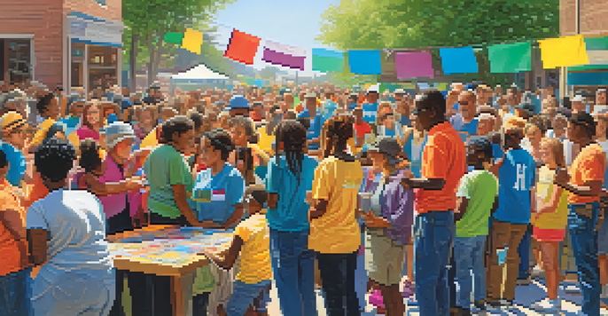 A group of diverse volunteers collaborating at a community event, engaging with attendees and coordinating activities under bright sunlight.