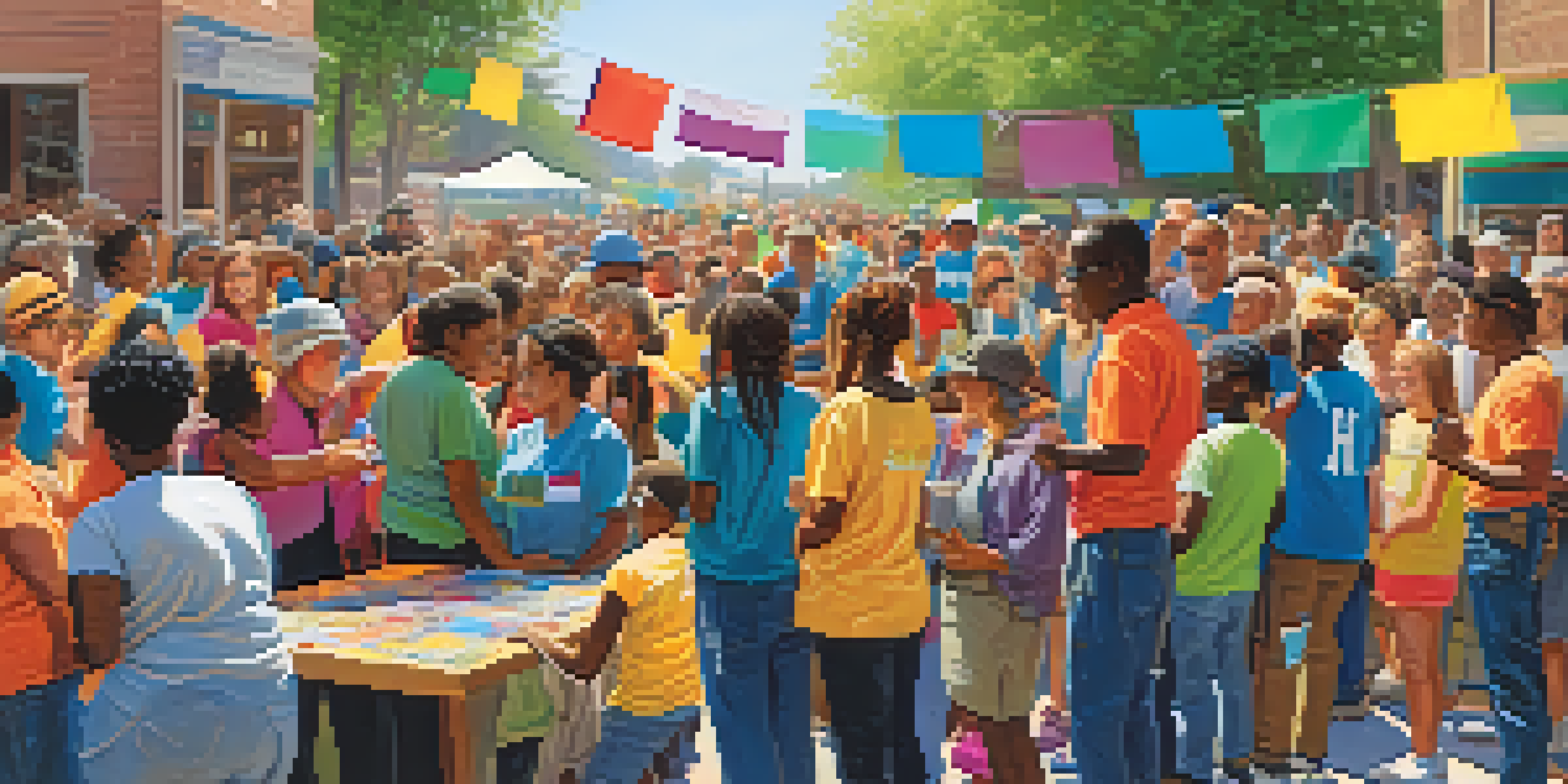 A group of diverse volunteers collaborating at a community event, engaging with attendees and coordinating activities under bright sunlight.