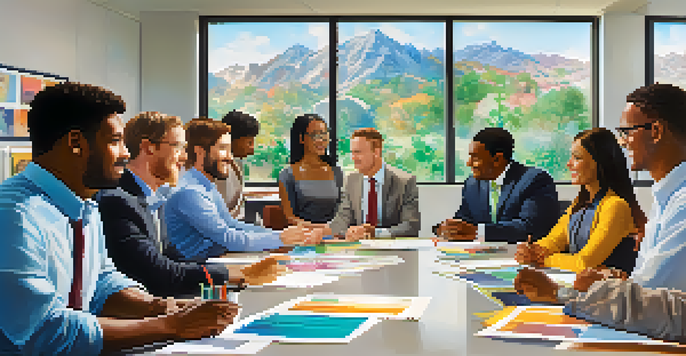 A diverse group of employees in an office setting, collaborating and sharing ideas around a conference table.
