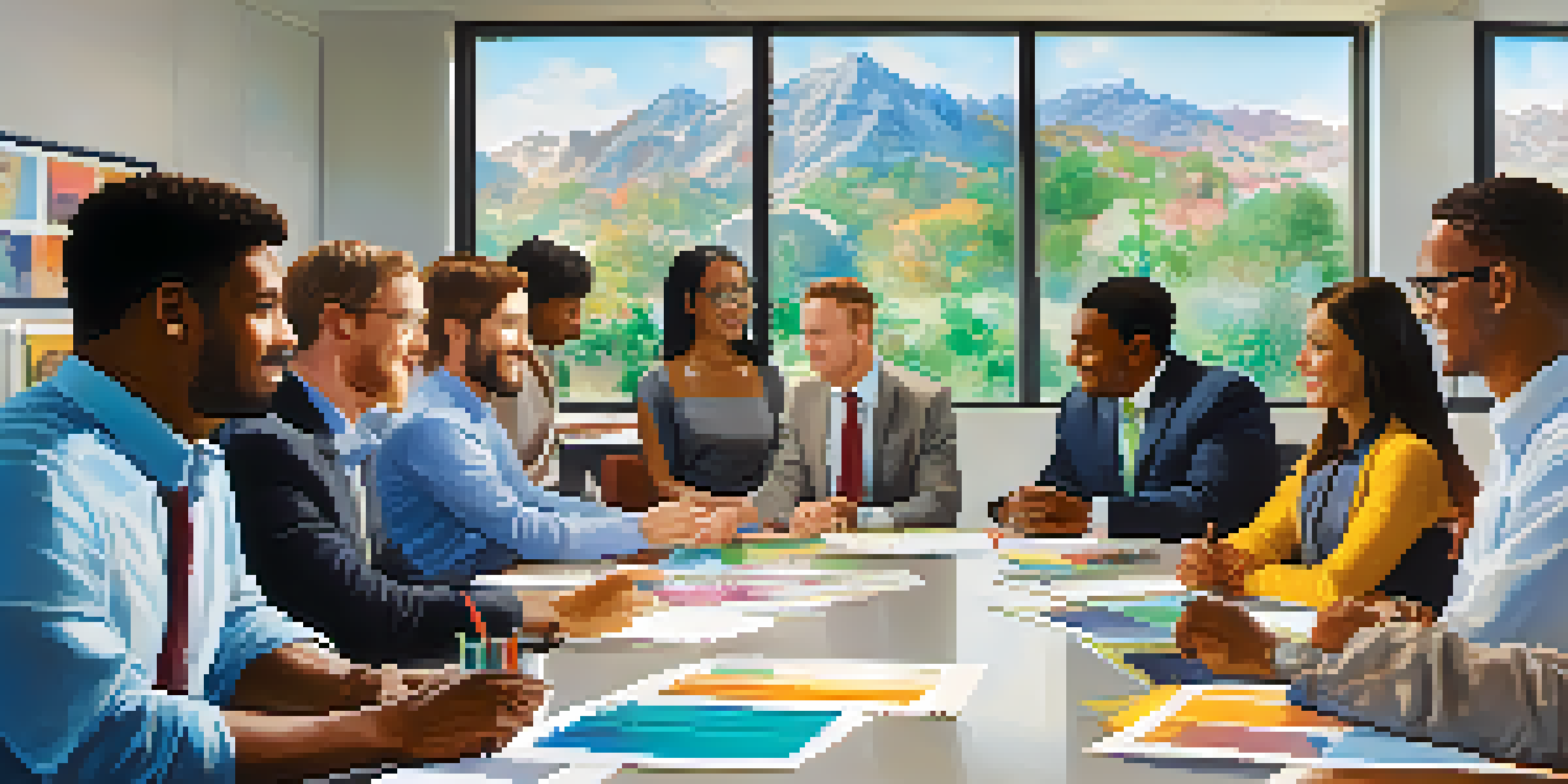 A diverse group of employees in an office setting, collaborating and sharing ideas around a conference table.