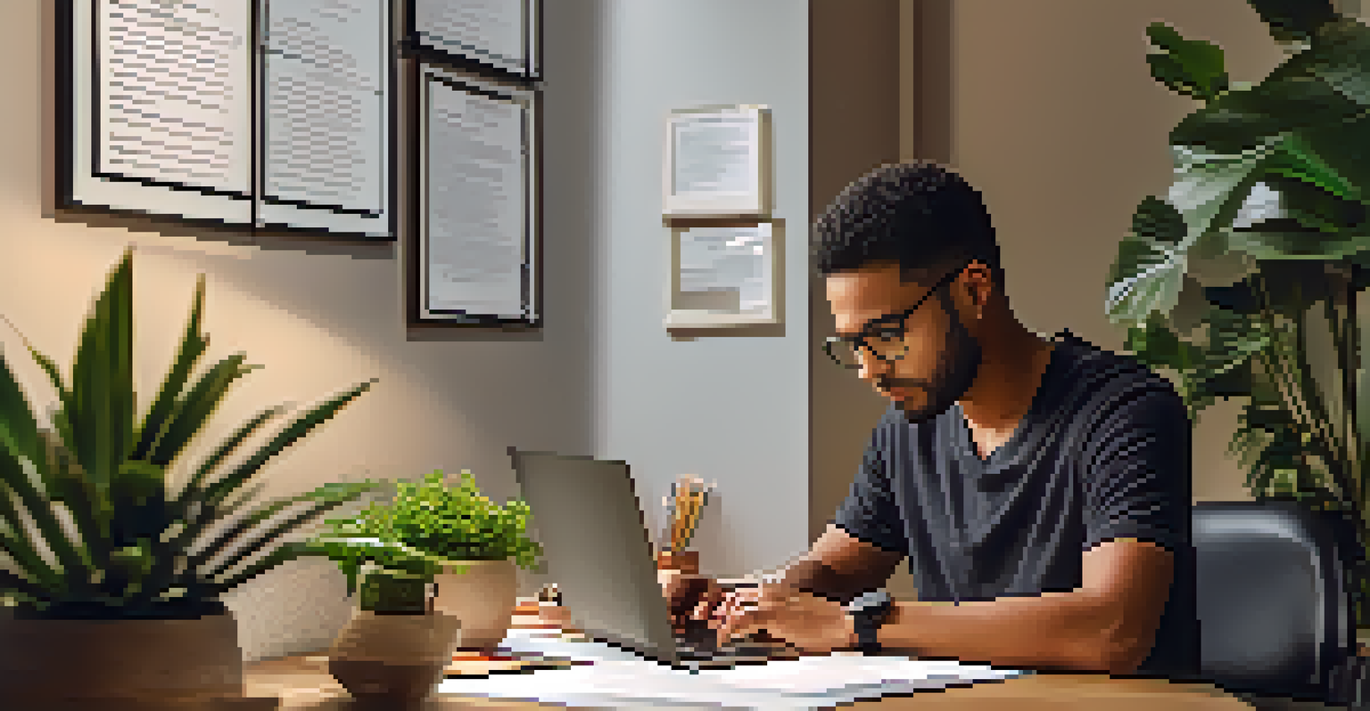 A person analyzing a resume on a laptop with a notepad, in a stylish office setting.